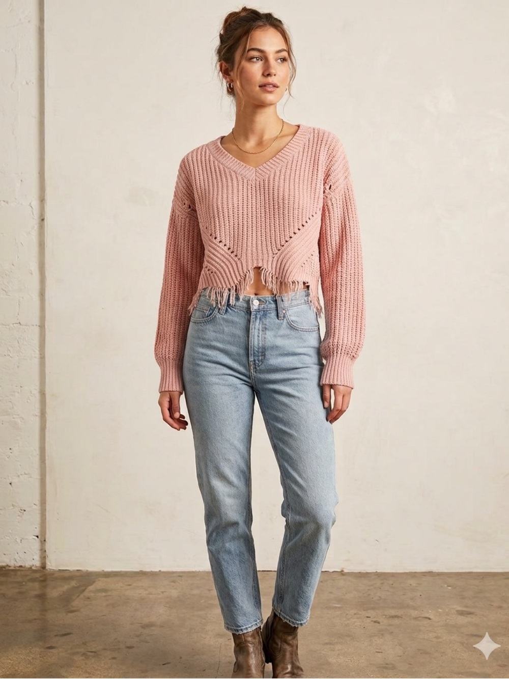 Almost Famous Blush Pink V-Neck Distressed Fringe Bohemian Sweater